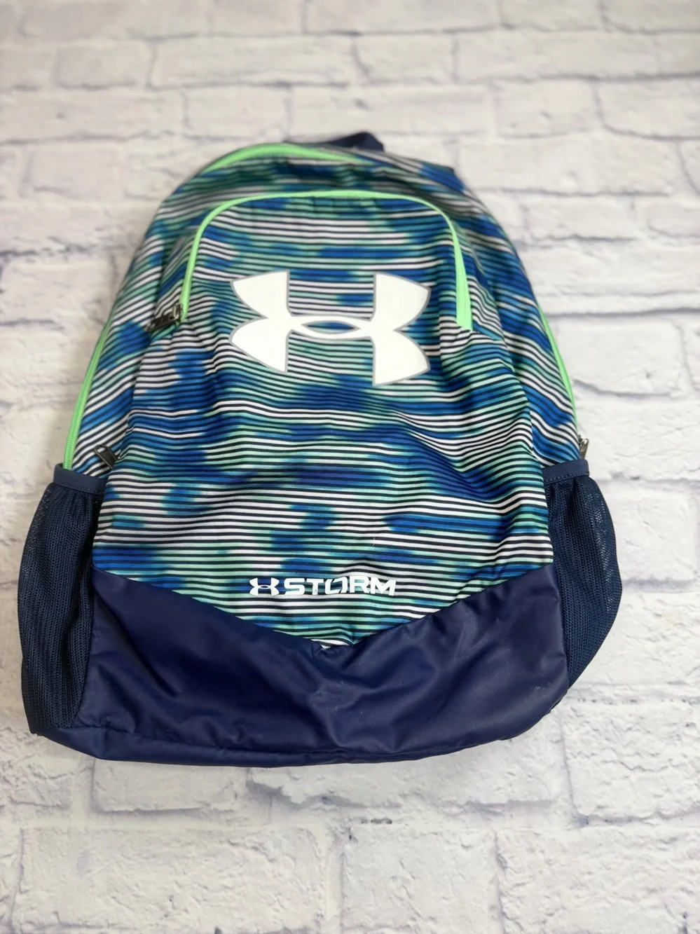 Under Armour Navy Blue Striped Backpack with Lime Accents